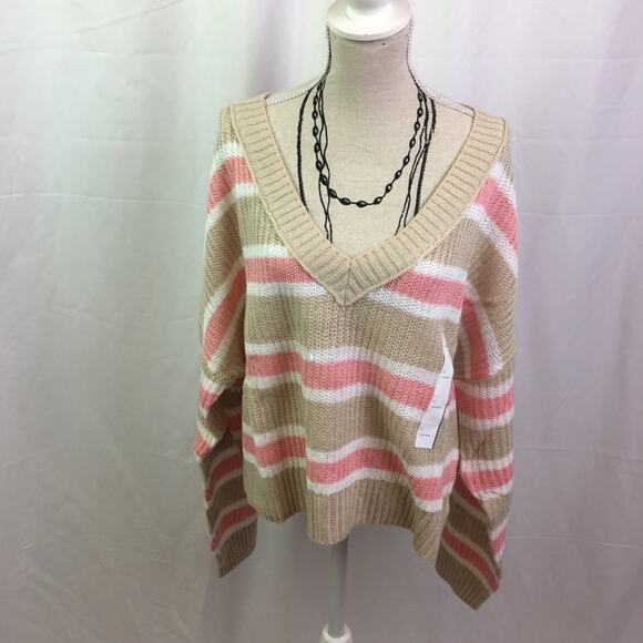 Wild Fable V Neck Striped Knit Sweater Tan Pink L - Picture 1 of 12